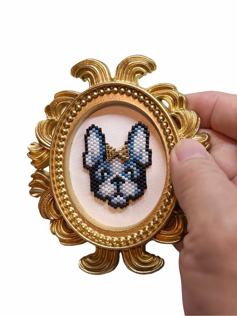 French Bulldog Beaded Art • Tiny Framed Dog Portrait • Gold Frame Decor